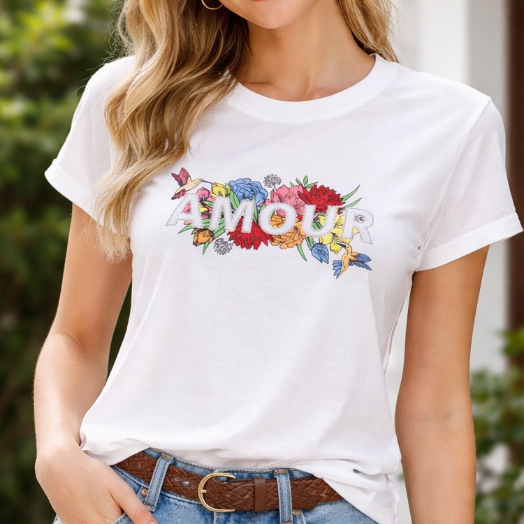 O003. Embroidered ,Embelished Amour Floral Graphic Tee - White